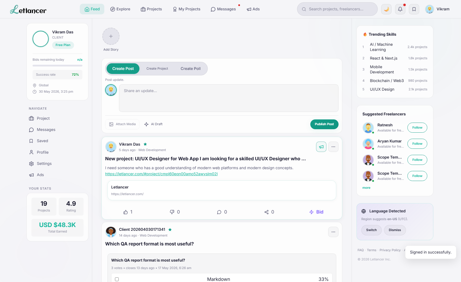 Client post login dashboard