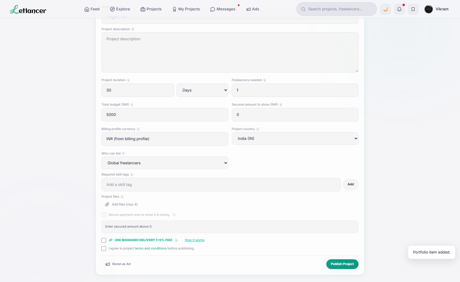 Client create project form