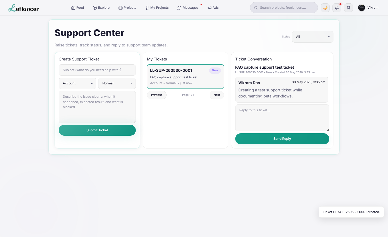 Support ticket submitted