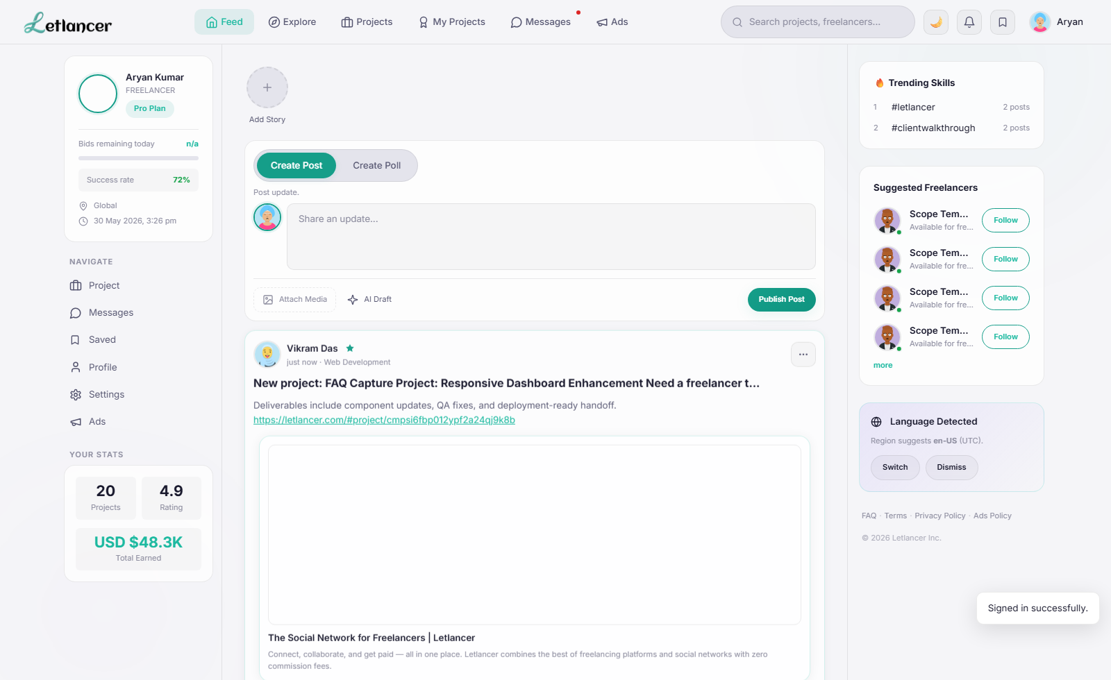Freelancer post login dashboard
