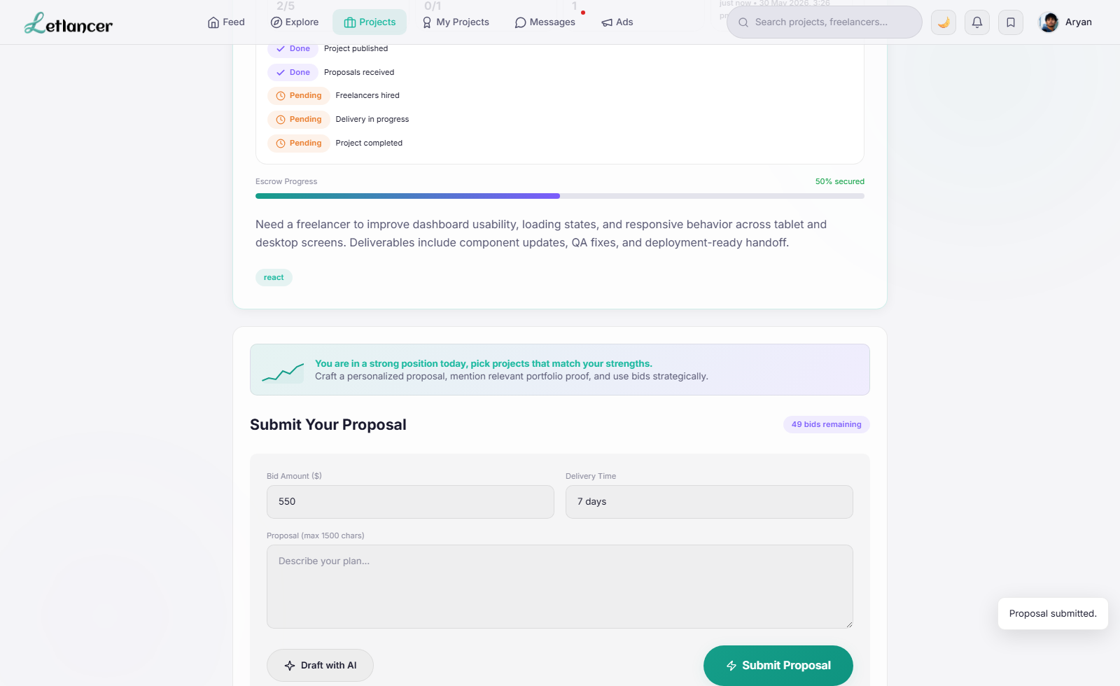 Freelancer proposal submitted