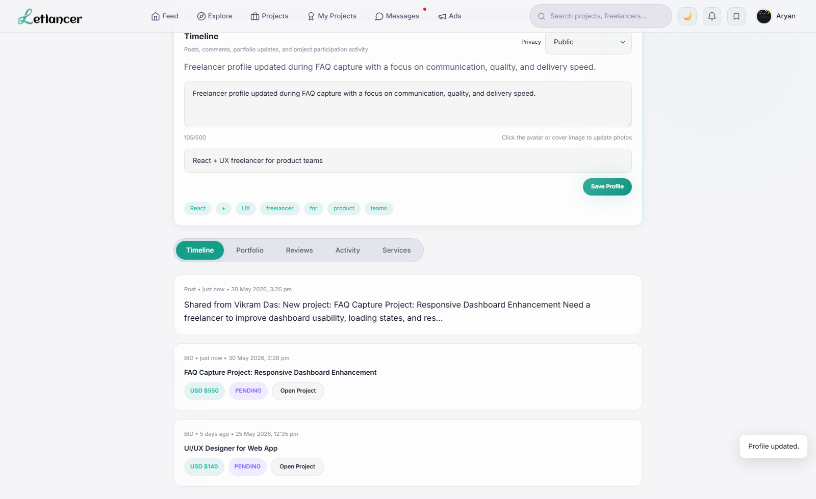 Freelancer profile updated