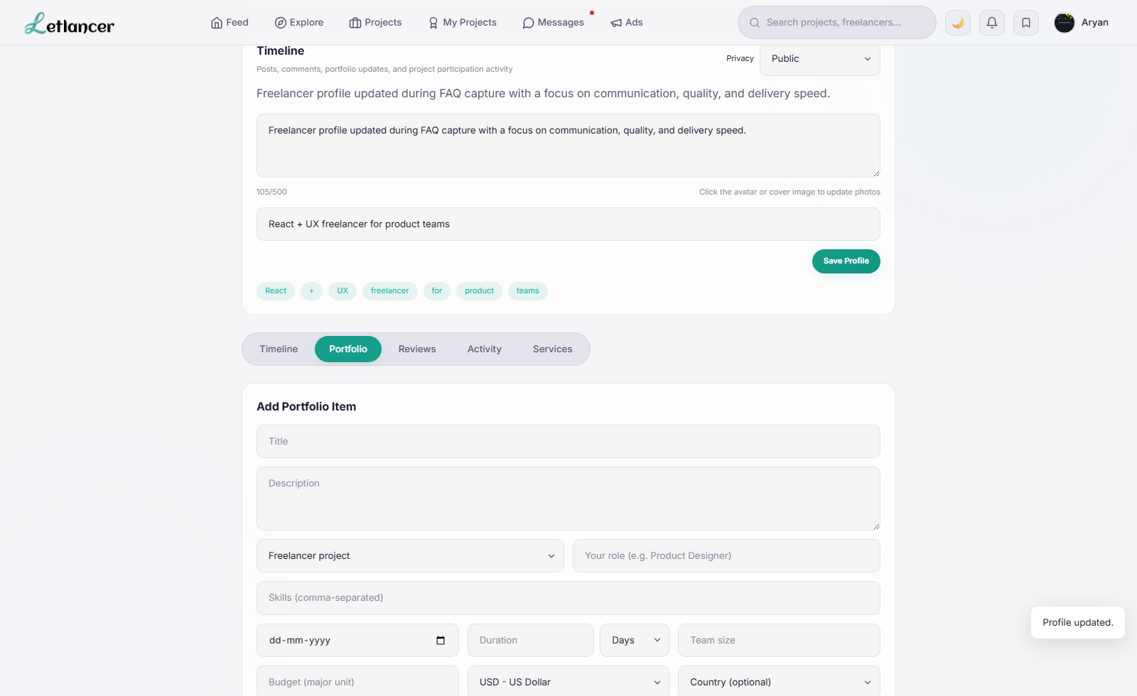 Freelancer portfolio tab
